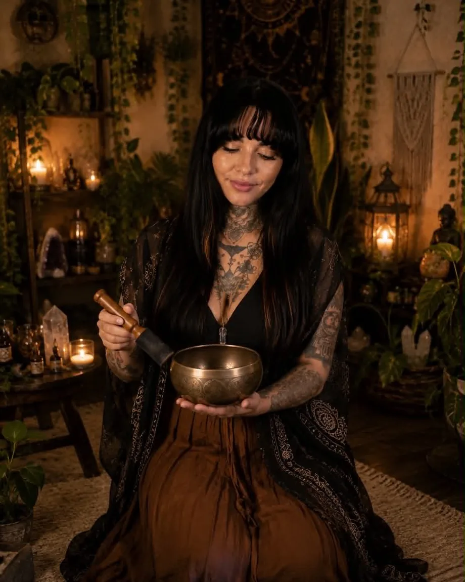 Denisse holding a sound bowl in an earthy healing studio
